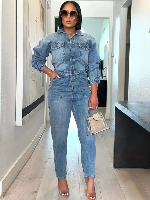 Combinaison en jean à manches longues pour femme - Salopette crayon bleu délavé à taille élastique - Collection printemps-été 2026