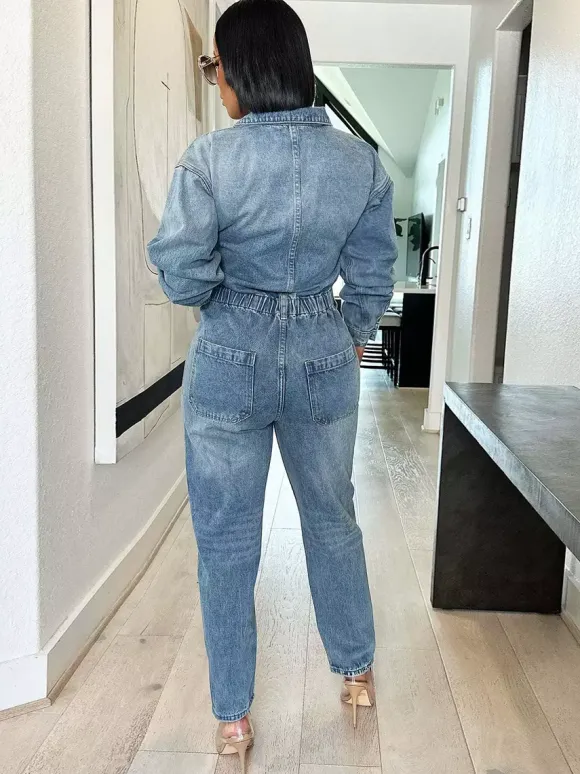Combinaison en jean à manches longues pour femme - Salopette crayon bleu délavé à taille élastique - Collection printemps-été 2026