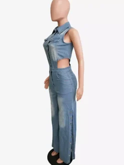 Combinaison en jean découpée pour femme - Combinaison une pièce bleu clair sexy à fente latérale et jambes larges - Tenue de soirée estivale 2026