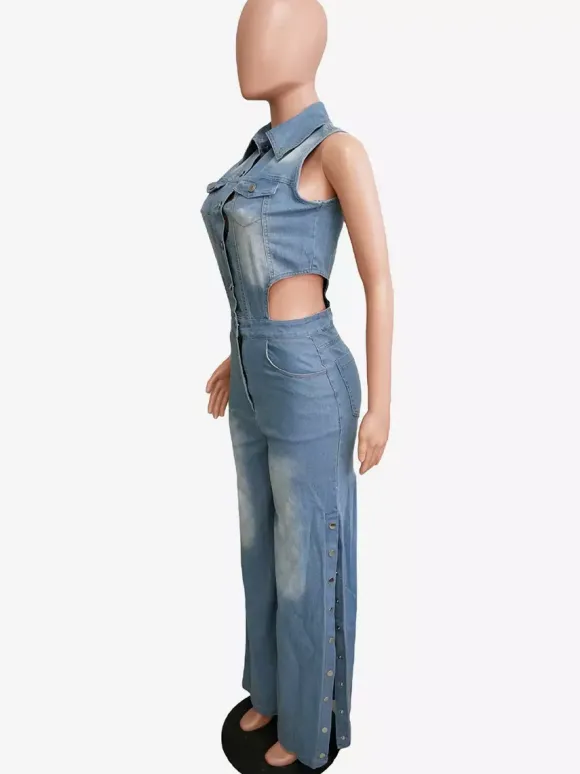 Combinaison en jean découpée pour femme - Combinaison une pièce bleu clair sexy à fente latérale et jambes larges - Tenue de soirée estivale 2026