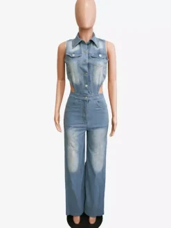 Combinaison en jean découpée pour femme - Combinaison une pièce bleu clair sexy à fente latérale et jambes larges - Tenue de soirée estivale 2026