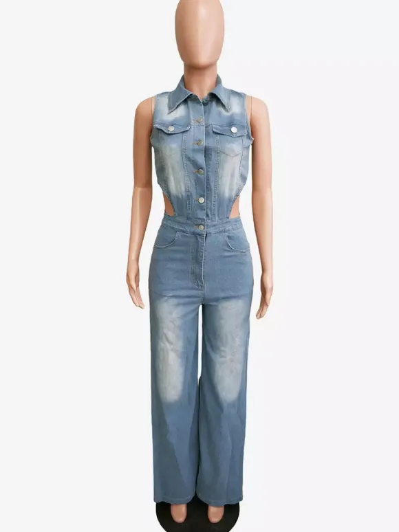 Combinaison en jean découpée pour femme - Combinaison une pièce bleu clair sexy à fente latérale et jambes larges - Tenue de soirée estivale 2026