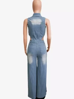 Combinaison en jean découpée pour femme - Combinaison une pièce bleu clair sexy à fente latérale et jambes larges - Tenue de soirée estivale 2026