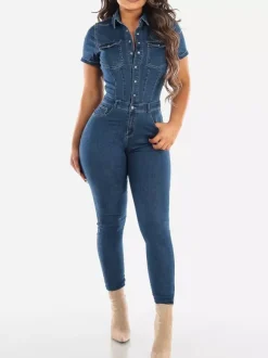 Combinaison en jean délavé coupe slim pour femme - Combinaison moulante sexy bleu foncé à manches courtes et boutons - Style streetwear décontracté été 2026