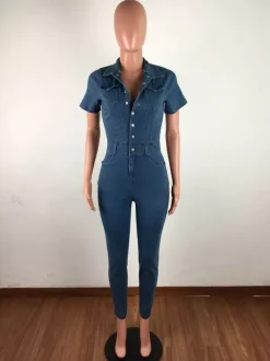 Combinaison en jean délavé coupe slim pour femme - Combinaison moulante sexy bleu foncé à manches courtes et boutons - Style streetwear décontracté été 2026