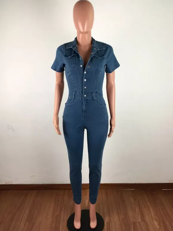 Combinaison en jean délavé coupe slim pour femme - Combinaison moulante sexy bleu foncé à manches courtes et boutons - Style streetwear décontracté été 2026