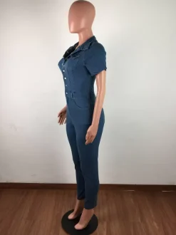 Combinaison en jean délavé coupe slim pour femme - Combinaison moulante sexy bleu foncé à manches courtes et boutons - Style streetwear décontracté été 2026