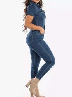 Combinaison en jean délavé coupe slim pour femme - Combinaison moulante sexy bleu foncé à manches courtes et boutons - Style streetwear décontracté été 2026
