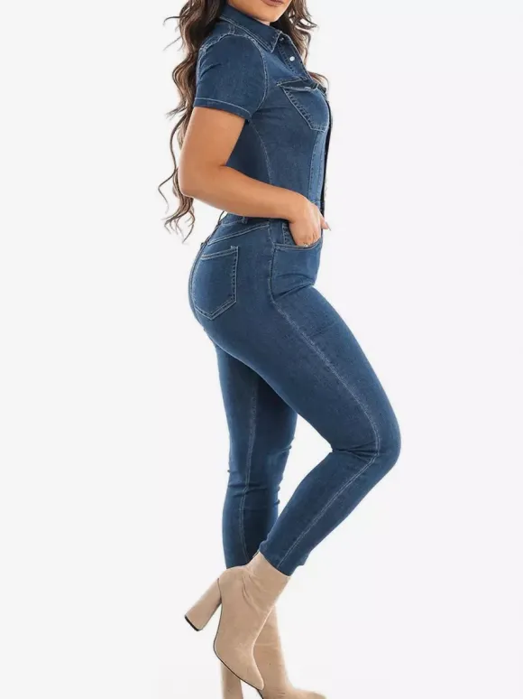 Combinaison en jean délavé coupe slim pour femme - Combinaison moulante sexy bleu foncé à manches courtes et boutons - Style streetwear décontracté été 2026