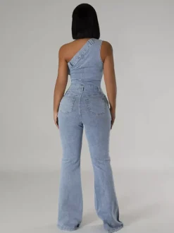 Combinaison en jean délavé asymétrique pour femme - Combinaison moulante sexy évasée bleu clair style années 2000 - Tenue de soirée estivale 2026