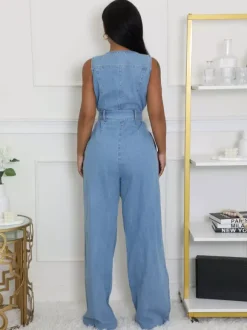 Combinaison en jean délavé zippée pour femme - Bleu clair décontractée ceinture jambes larges - Style streetwear été 2026