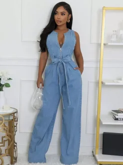 Combinaison en jean délavé zippée pour femme - Bleu clair décontractée ceinture jambes larges - Style streetwear été 2026