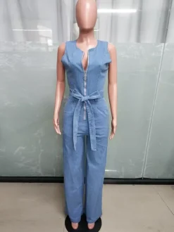 Combinaison en jean délavé zippée pour femme - Bleu clair décontractée ceinture jambes larges - Style streetwear été 2026