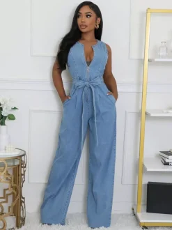 Combinaison en jean délavé zippée pour femme - Bleu clair décontractée ceinture jambes larges - Style streetwear été 2026