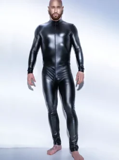 Combinaison en latex brillant pour homme manches longues fermeture éclair pour spectacles sur scène
