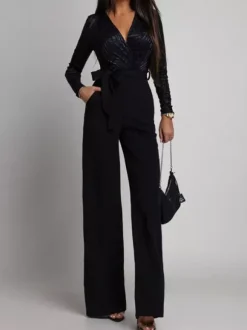 Combinaison élégante à jambes larges pour femme - Combinaison noire à manches longues col en V géométrique et ceinture - Soirée de printemps 2026