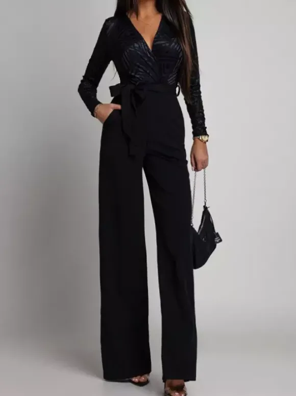 Combinaison élégante à jambes larges pour femme - Combinaison noire à manches longues col en V géométrique et ceinture - Soirée de printemps 2026