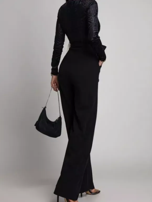Combinaison élégante à jambes larges pour femme - Combinaison noire à manches longues col en V géométrique et ceinture - Soirée de printemps 2026