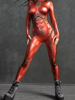 Combinaison moulante sexy cyberpunk pour femme style Zentai manches longues métallisées exosquelette futuriste.