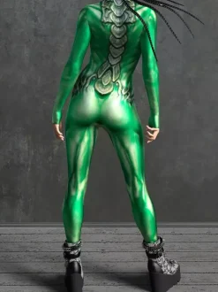 Combinaison moulante sexy cyberpunk pour femme style Zentai manches longues métallisées exosquelette futuriste.