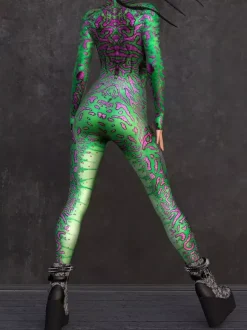 Combinaison moulante sexy cyberpunk pour femme style Zentai manches longues métallisées exosquelette futuriste.