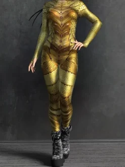 Combinaison moulante sexy cyberpunk pour femme style Zentai manches longues métallisées exosquelette futuriste.