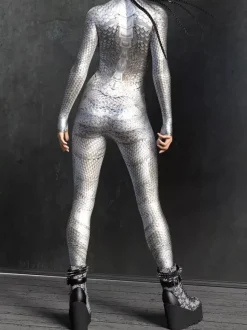 Combinaison moulante sexy cyberpunk pour femme style Zentai manches longues métallisées exosquelette futuriste.