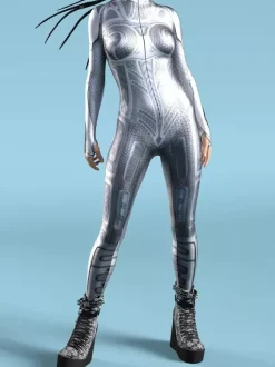 Combinaison moulante sexy cyberpunk pour femme style Zentai manches longues métallisées exosquelette futuriste.