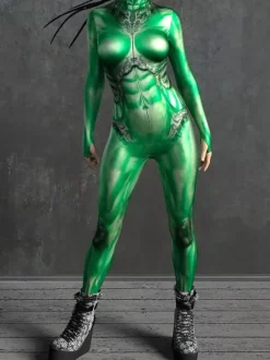 Combinaison moulante sexy cyberpunk pour femme style Zentai manches longues métallisées exosquelette futuriste.