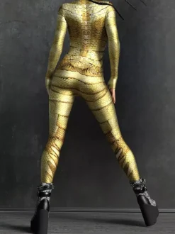 Combinaison moulante sexy cyberpunk pour femme style Zentai manches longues métallisées exosquelette futuriste.