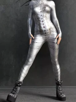 Combinaison moulante sexy cyberpunk pour femme style Zentai manches longues métallisées exosquelette futuriste.