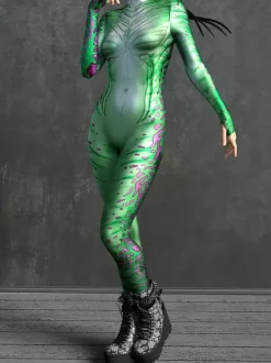 Combinaison moulante sexy cyberpunk pour femme style Zentai manches longues métallisées exosquelette futuriste.