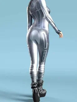 Combinaison moulante sexy cyberpunk pour femme style Zentai manches longues métallisées exosquelette futuriste.