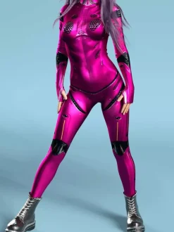 Combinaison moulante sexy cyberpunk pour femme style Zentai manches longues métallisées exosquelette futuriste.