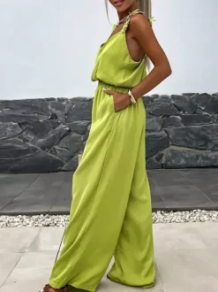 Combinaison olive à col V sans manches et fines bretelles en polyester coupe droite tenue d'été une pièce