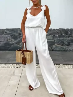 Combinaison olive à col V sans manches et fines bretelles en polyester coupe droite tenue d'été une pièce