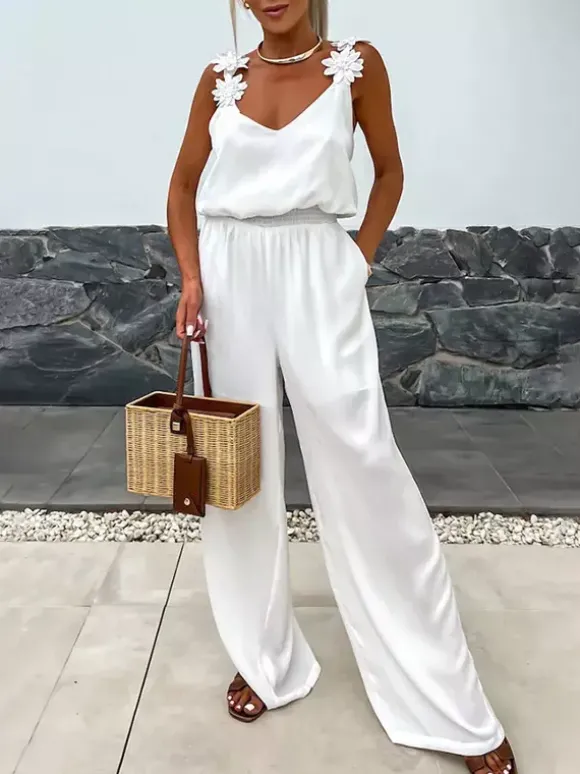 Combinaison olive à col V sans manches et fines bretelles en polyester coupe droite tenue d'été une pièce