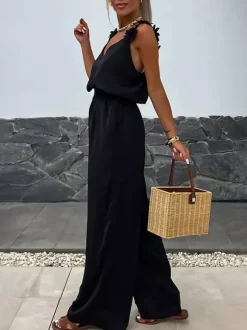 Combinaison olive à col V sans manches et fines bretelles en polyester coupe droite tenue d'été une pièce