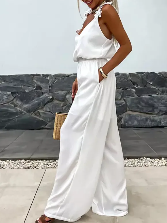Combinaison olive à col V sans manches et fines bretelles en polyester coupe droite tenue d'été une pièce