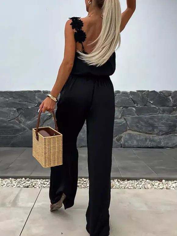 Combinaison olive à col V sans manches et fines bretelles en polyester coupe droite tenue d'été une pièce