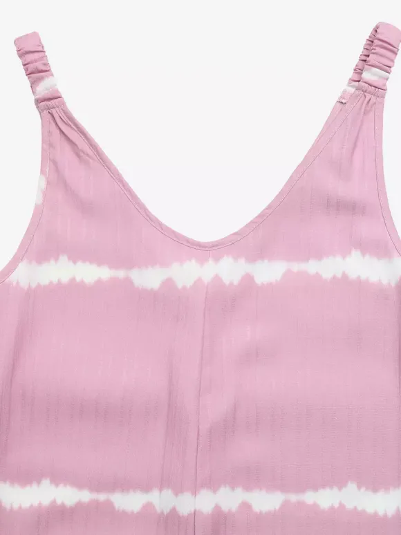 Combinaison rose pâle à imprimé tie-dye horizontal sans manches col V bretelles taille haute jambes larges idéale pour les vacances.