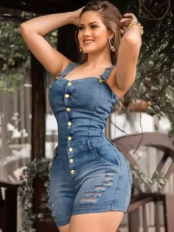 Combinaison short en jean slim pour femme - Combinaison short sexy bleue à boutons et effet déchiré - Idéale pour les fêtes d'été en extérieur 2026