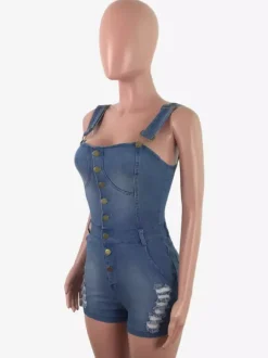 Combinaison short en jean slim pour femme - Combinaison short sexy bleue à boutons et effet déchiré - Idéale pour les fêtes d'été en extérieur 2026