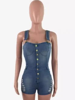 Combinaison short en jean slim pour femme - Combinaison short sexy bleue à boutons et effet déchiré - Idéale pour les fêtes d'été en extérieur 2026