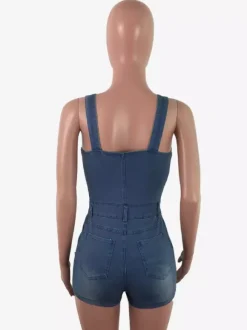 Combinaison short en jean slim pour femme - Combinaison short sexy bleue à boutons et effet déchiré - Idéale pour les fêtes d'été en extérieur 2026
