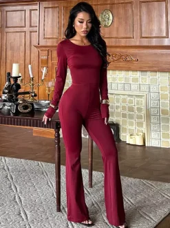 Combinaison évasée dos nu pour femme - Combinaison moulante sexy rouge bordeaux à manches longues - Collection printemps streetwear 2026