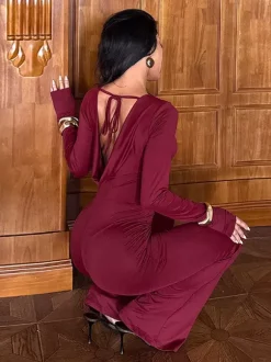 Combinaison évasée dos nu pour femme - Combinaison moulante sexy rouge bordeaux à manches longues - Collection printemps streetwear 2026