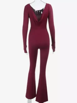 Combinaison évasée dos nu pour femme - Combinaison moulante sexy rouge bordeaux à manches longues - Collection printemps streetwear 2026