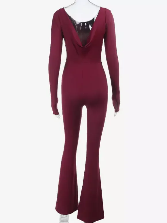 Combinaison évasée dos nu pour femme - Combinaison moulante sexy rouge bordeaux à manches longues - Collection printemps streetwear 2026