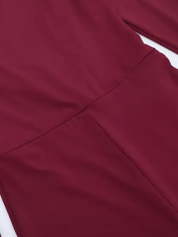 Combinaison évasée dos nu pour femme - Combinaison moulante sexy rouge bordeaux à manches longues - Collection printemps streetwear 2026